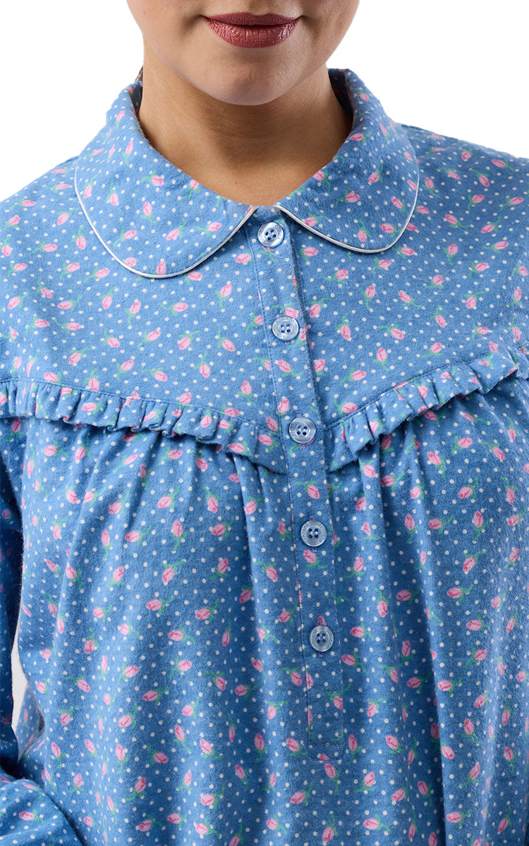 Schrank 100% Cotton Flannelette Nightgown With Long Sleeve and Collar In Denim Blue Rose Spot SK618R6