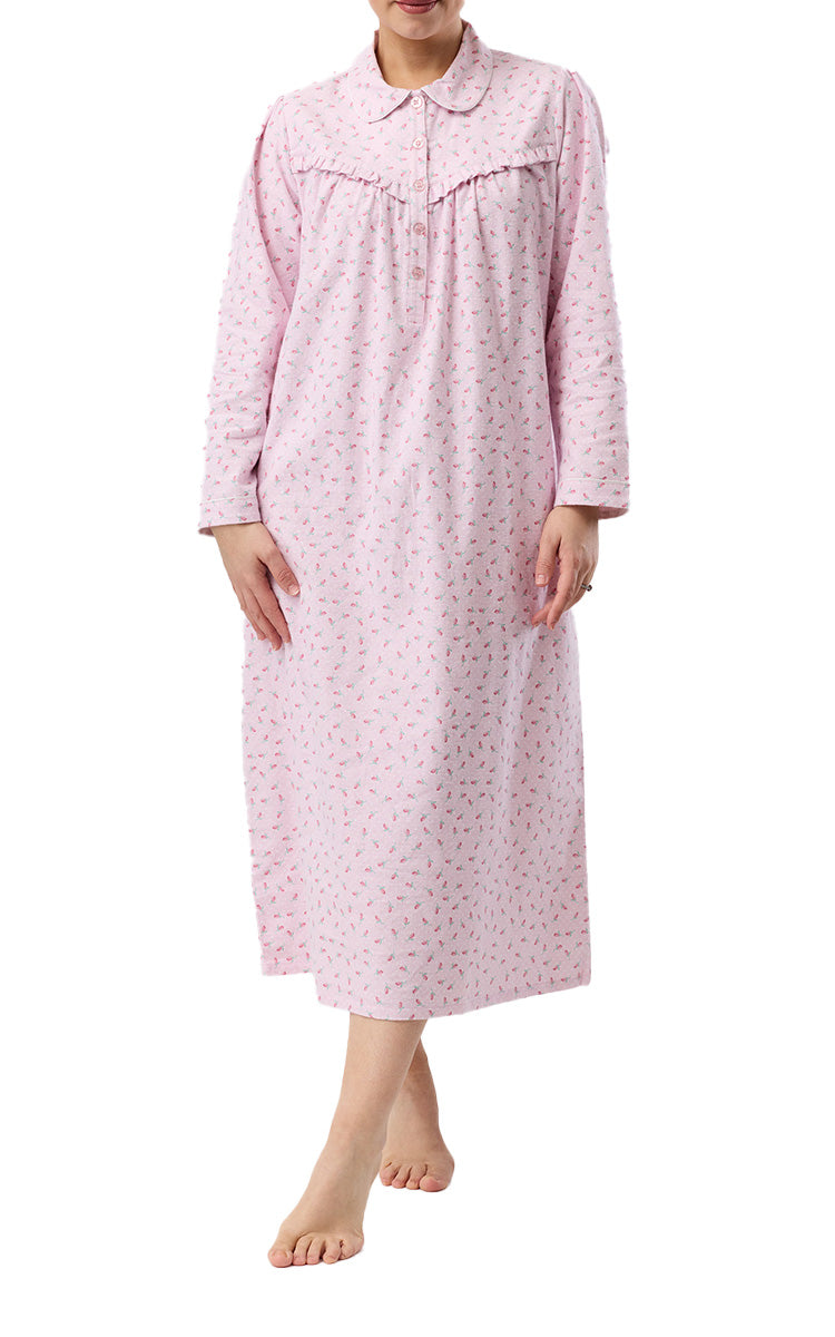 Schrank 100% Cotton Flannelette Long Sleeve Nightgown With Collar In Pink Rose Spot SK618R6