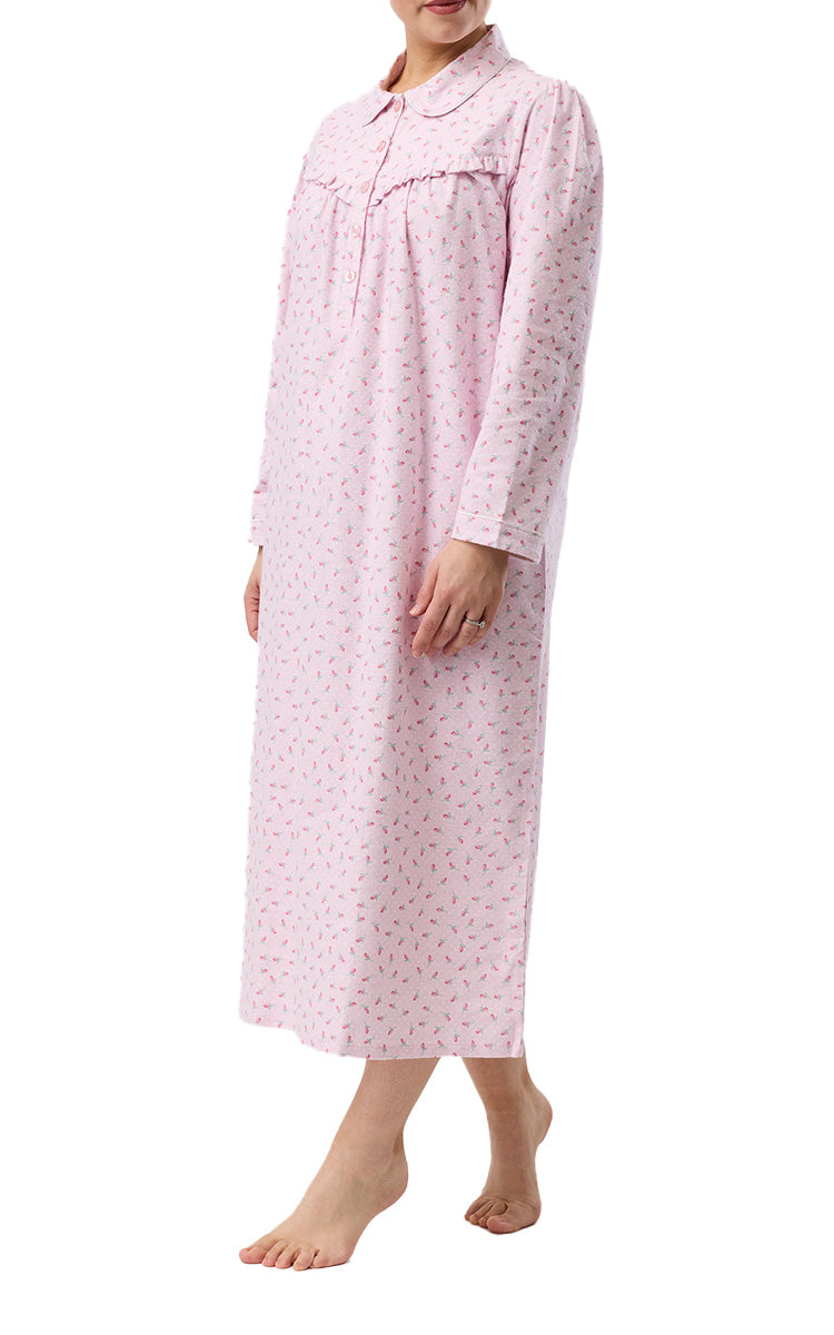 Schrank 100% Cotton Flannelette Long Sleeve Nightgown With Collar In Pink Rose Spot SK618R6