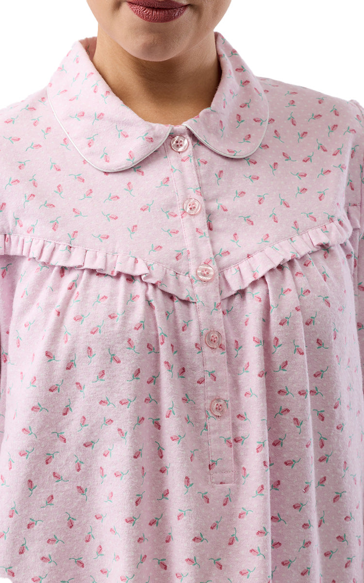 Schrank 100% Cotton Flannelette Long Sleeve Nightgown With Collar In Pink Rose Spot SK618R6