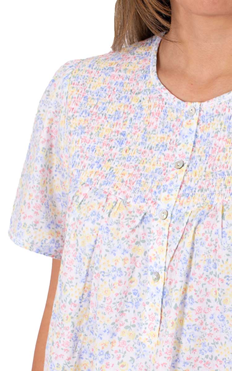 Woman wearing Schrank cotton nightgown for summer with short sleeves