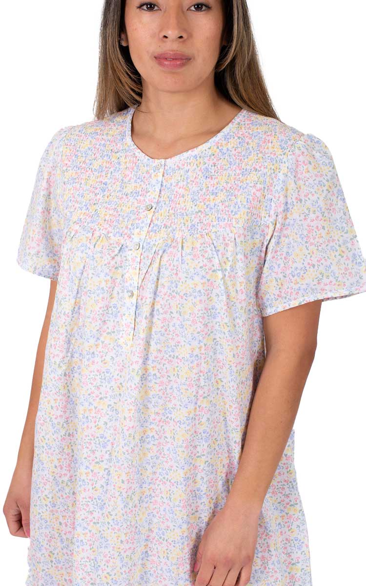 Woman wearing Schrank cotton nightgown for summer with short sleeves
