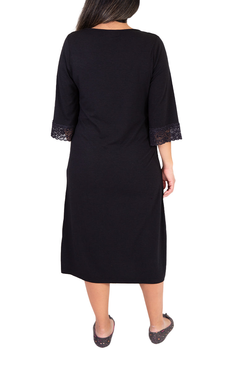 Victorias Linen 50% Bamboo 50% Cotton Nightgown with 3/4 Sleeve in Black Bridgette