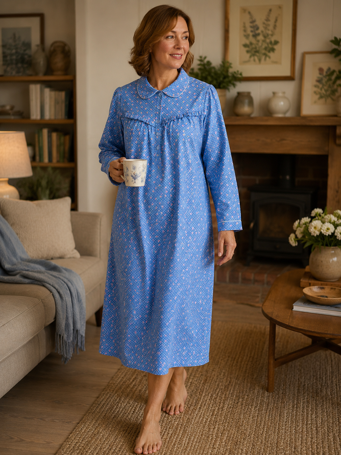 Schrank 100% Cotton Flannelette Nightgown With Long Sleeve and Collar In Denim Blue Rose Spot SK618R6