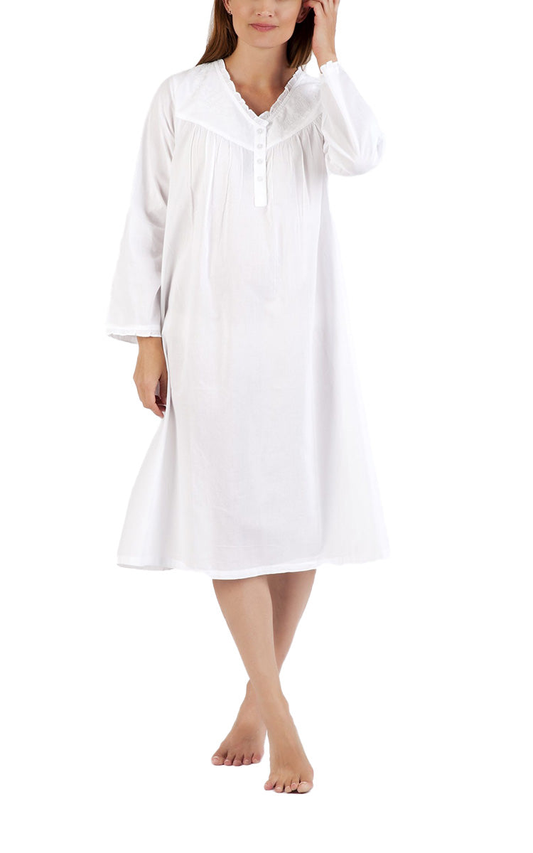 Arabella Tina 100% Cotton Nightgown with Long Sleeve in White MD-11