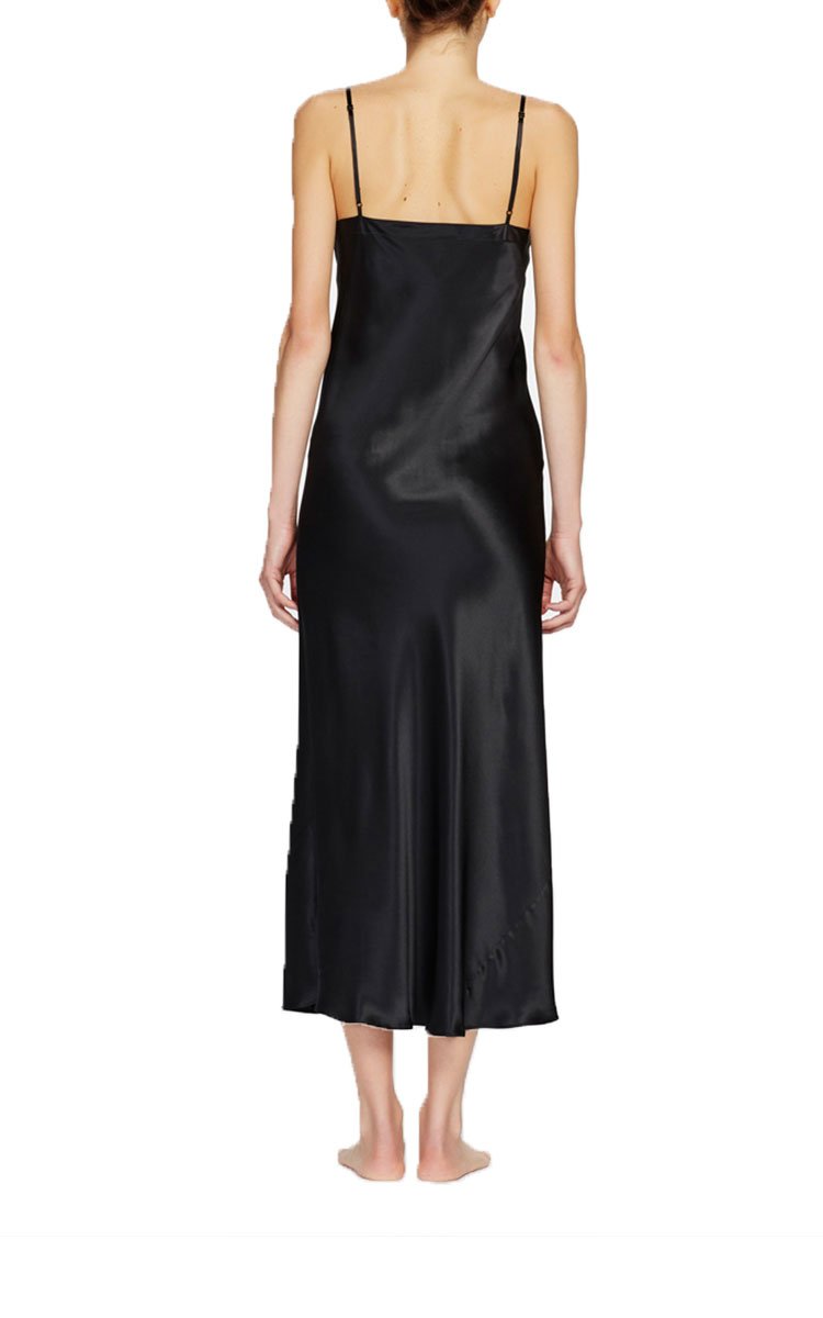 woman wearing ginia silk nightgown in black