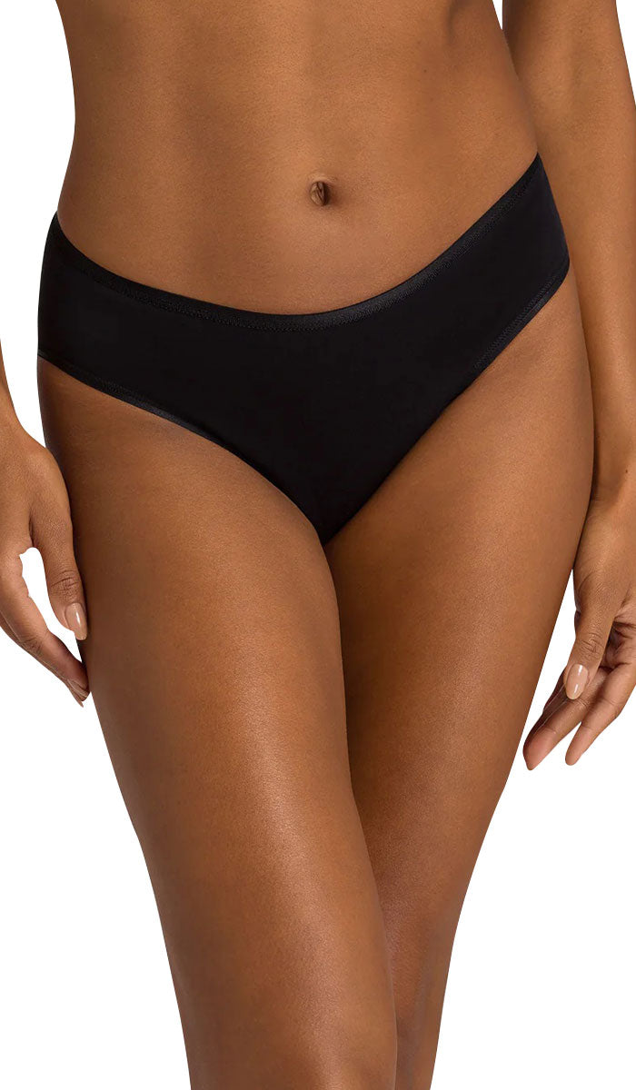 woman wearing Hanro Cotton hi cut Seamless underwear in black