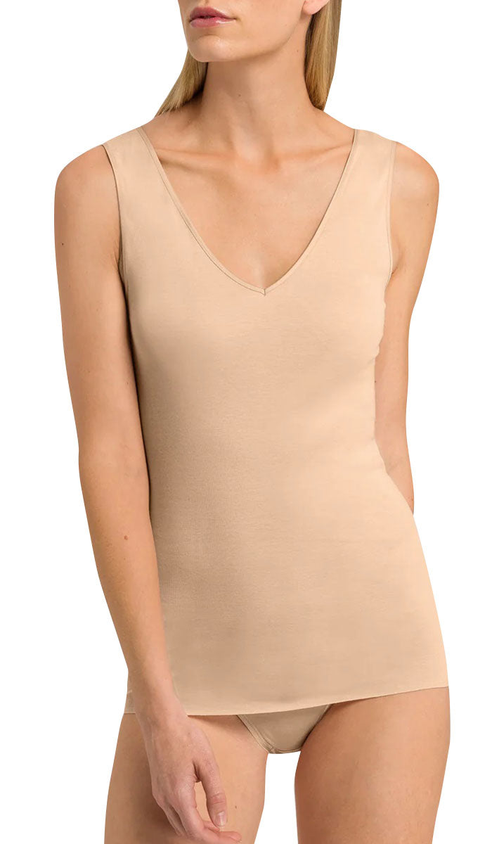 woman wearing hanro singlet in beige