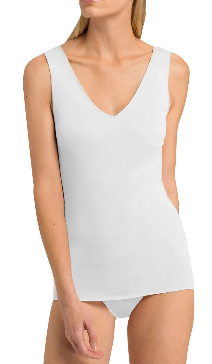 woman wearing hanro singlet in white