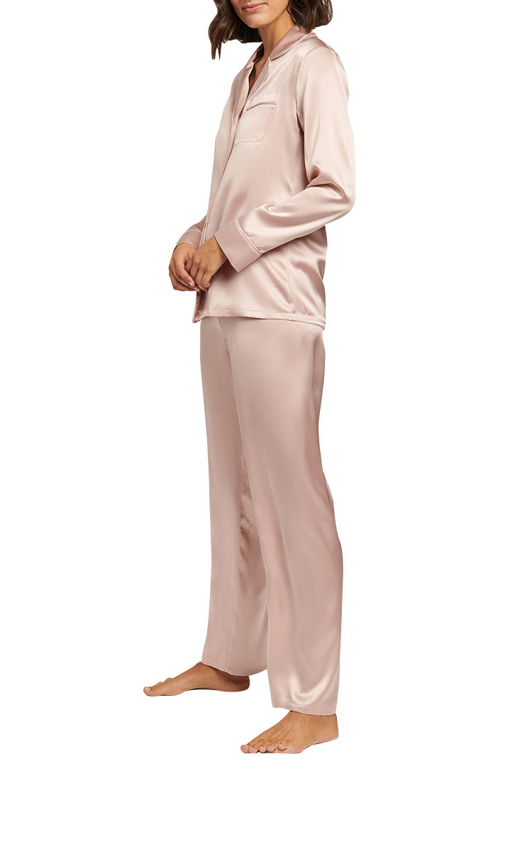 woman wearing Ginia Silk Pyjama In Silver Pink