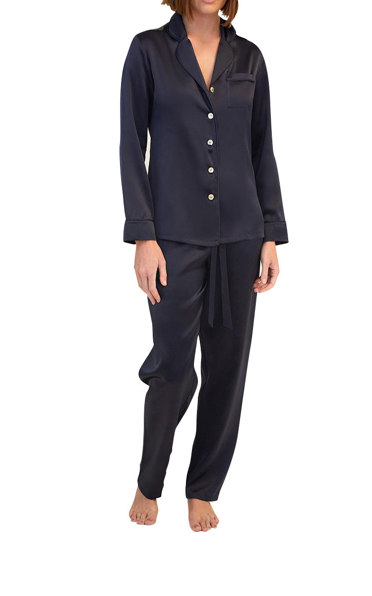 woman wearing Ginia Long Sleeve Silk Pyjama In Evening Blue