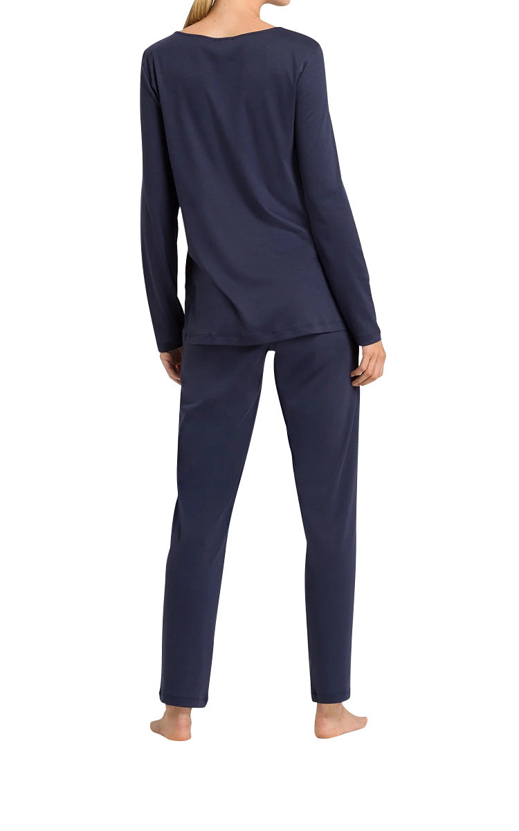 Hanro 100% Cotton Long Sleeve Pyjama in Navy 7982